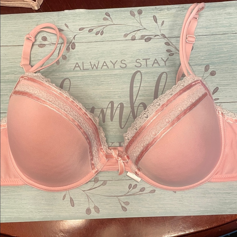 Pink Ribbon Lace Trim Underwire Padded Bra 36C